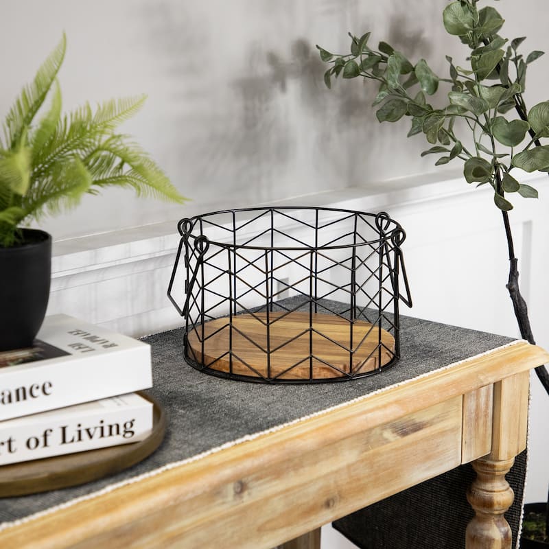 Round Iron Nesting Baskets with Natural Wood Base - 14" - Set of 3