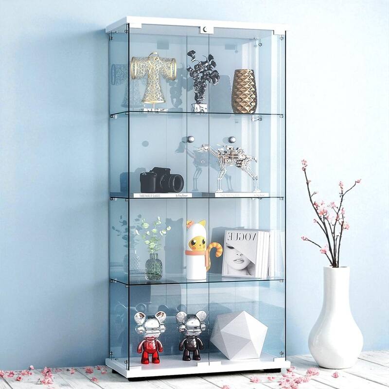 4-Shelf Glass Display Cabinet with 2 Doors, RGB LED Lights, Lockable Tempered Glass Showcase