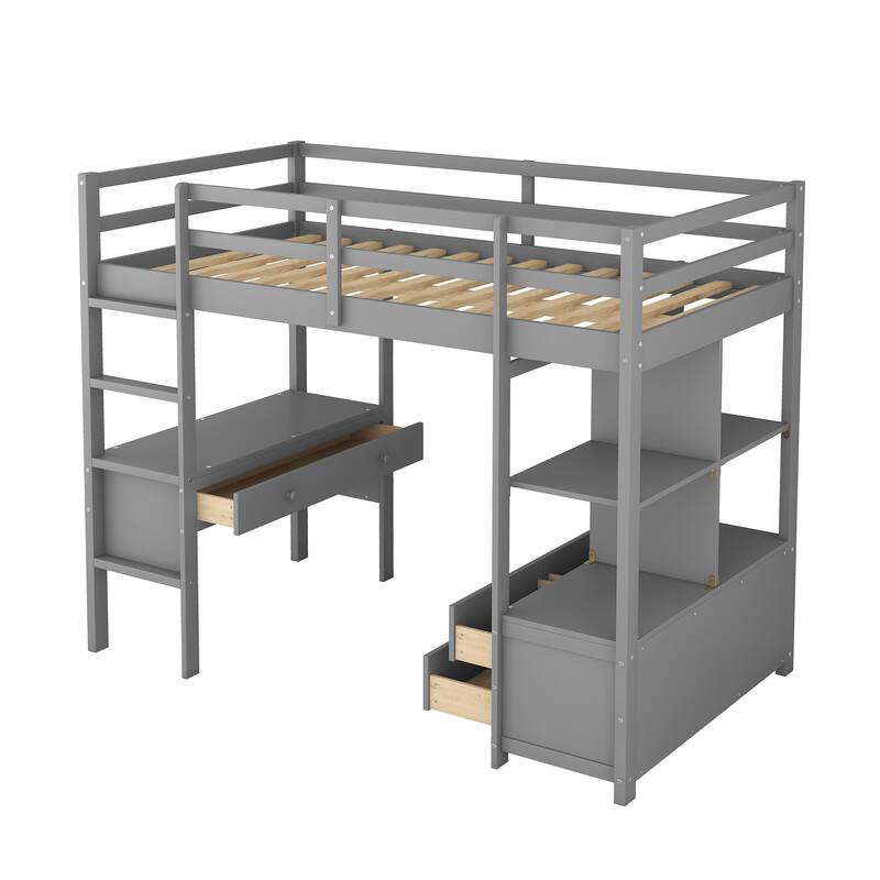Pine Wood Loft Bed with Built-in Desk, Drawers, and Storage