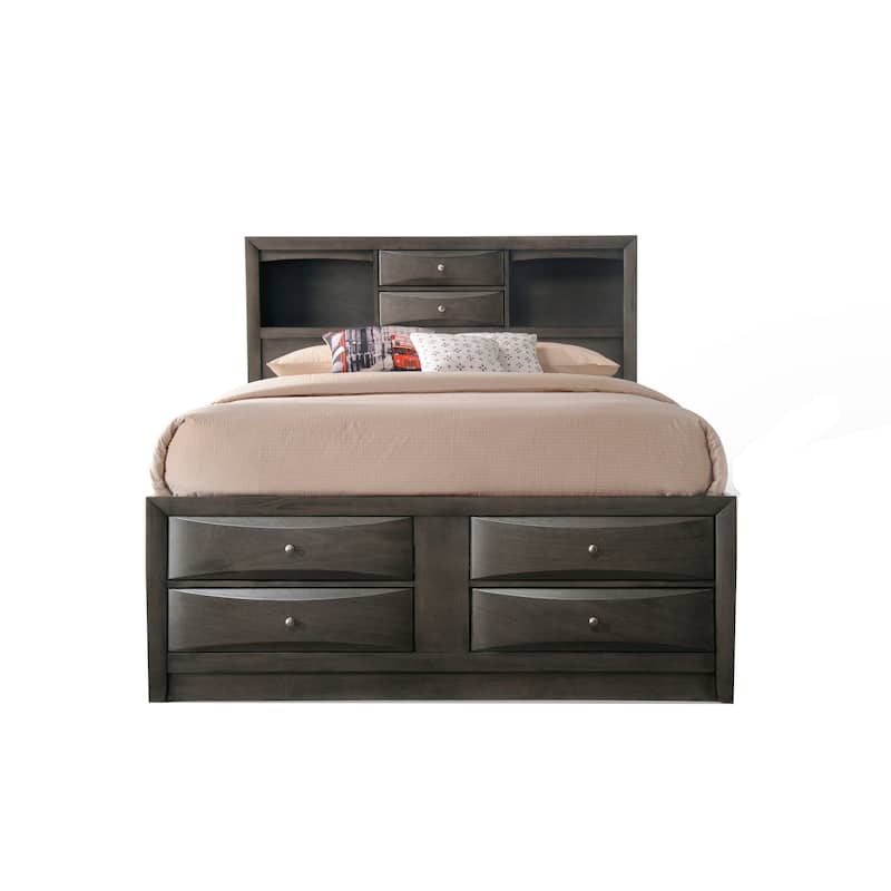 Panel Design Full Size Bed with Bookcase and Drawers, Taupe Brown