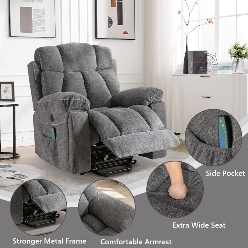 Large Power Lift Recliner Chair with Massage and Heat, Overstuffed Wide Recliners with 2 Cup Holders and USB Port