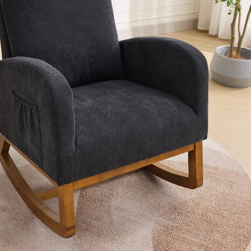 27.2"W Rocking Chair, Polyester Glider Chair with High Back and Side Pocket, Rocking Accent Armchair with Rubber Wood Legs