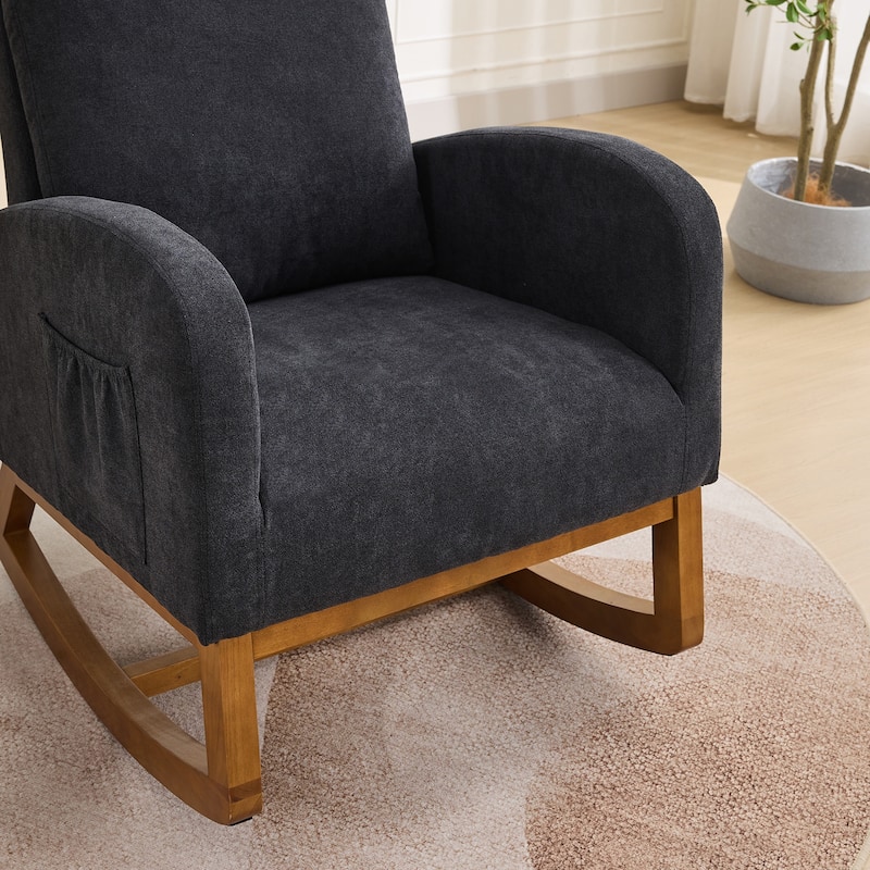 Polyester Glider Chair with High Back and Side Pocket, Rocking Accent Armchair with Rubber Wood Legs for Living Room Bedroom