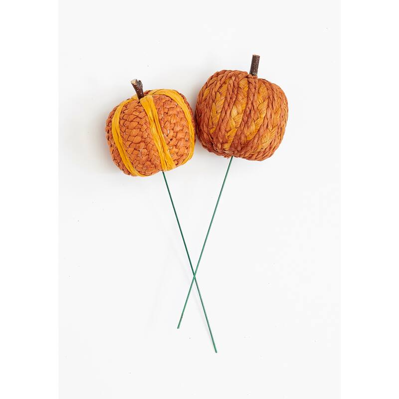 3" Artificial Fall Raffia Pumpkin on 6.5" Pick, Set of 6 - 3