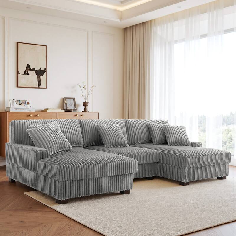 118.3" W U-Shape Plush Corduroy Upholstered Comfy Cloud Sectional Sofa