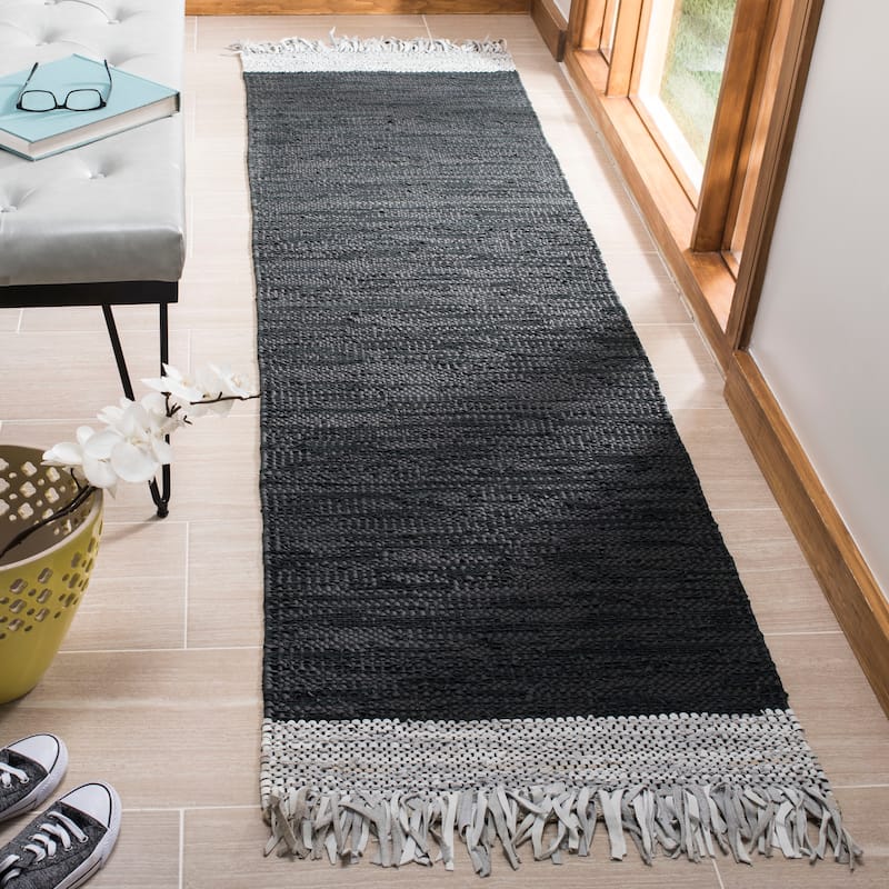 SAFAVIEH Handmade Vintage Boho Leather Catrina Modern Stripe Leather - 2' 3" x 6' - Light Grey/Black - Runner