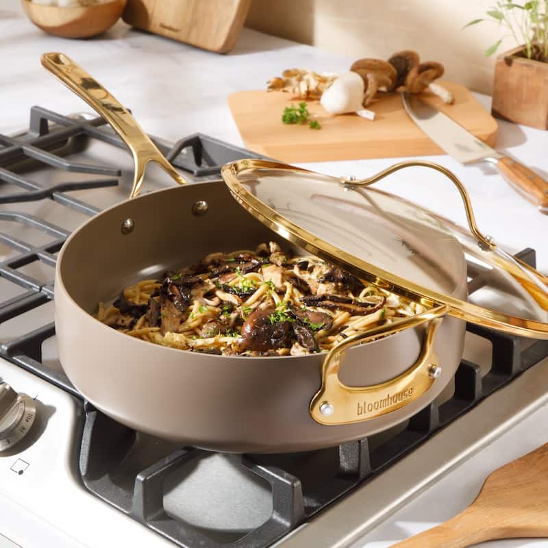 Bloomhouse Pots and Pans Heavy Duty Aluminum Premium PFA Free Ceramic Nonstick - Cappucino Cream with Gold Handle