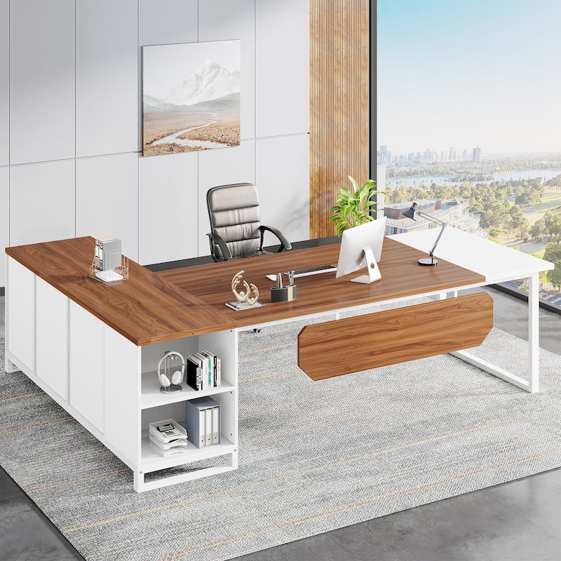 70.8-Inch Executive Desk with 55-Inch File Cabinet, Large L Shaped Computer Desk with Storage Cabinet and Shelves -  Walnut & White