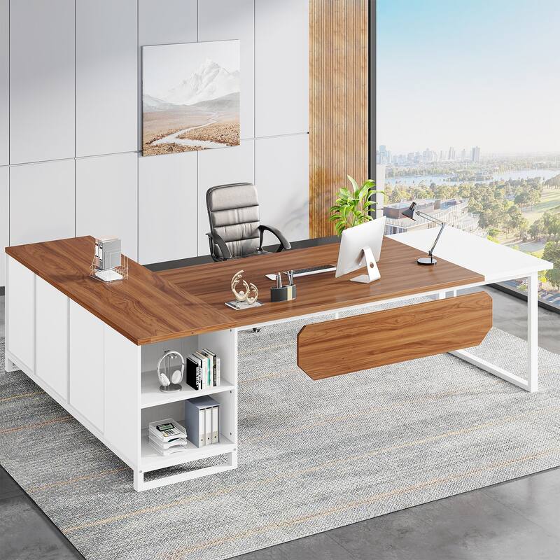 70.8-Inch L Shaped Executive Computer Desk with Storage Cabinet and Shelf