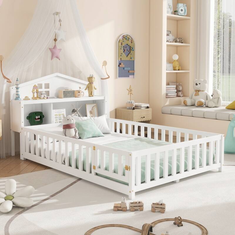 Full-size Montessori Floor Bed with Bookcases, Blackboards & Guardrails, Solid Wood Kids Platform Bed with Storage Headboard - White