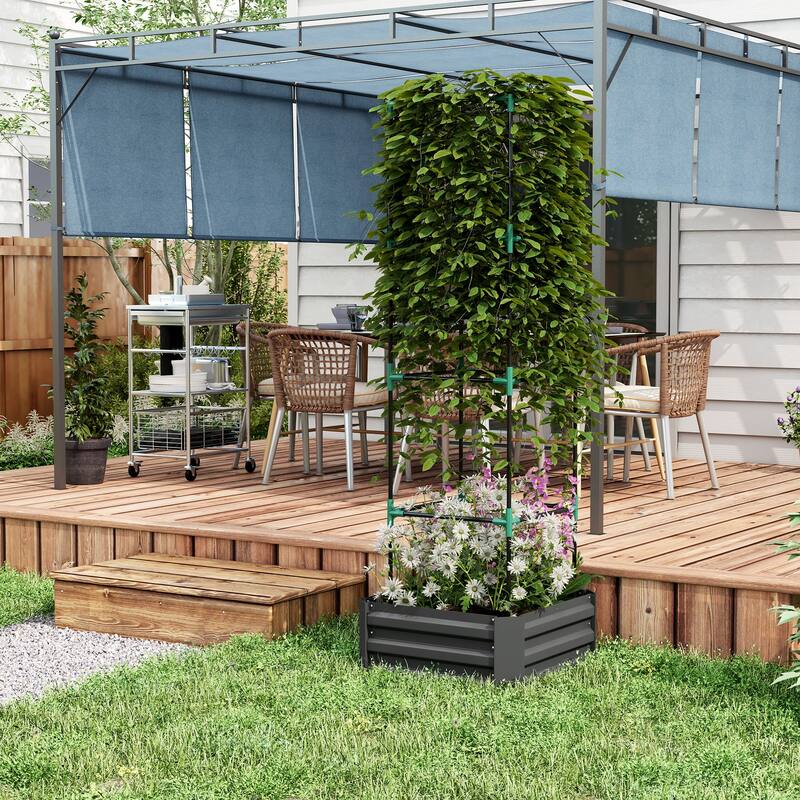 Outsunny Galvanized Raised Garden Bed, 24" x 24" x 11.75" Outdoor Planter Box with Trellis Tomato Cage and Open Bottom