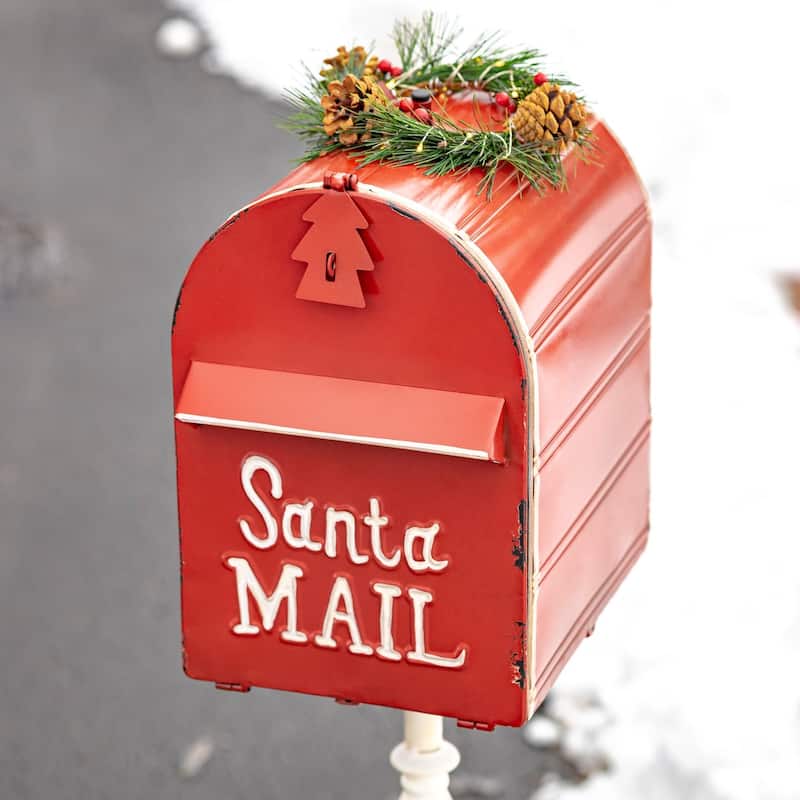 42" Tall Standing Christmas Mailbox with LED Wreath - 12"x12"x42"