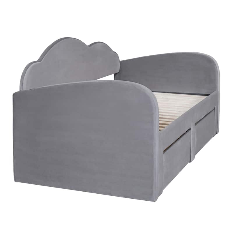 Twin Size Upholstered Daybed with Cloud-Shaped Backrest, Trundle, 2 Drawers, and USB Ports, Gray