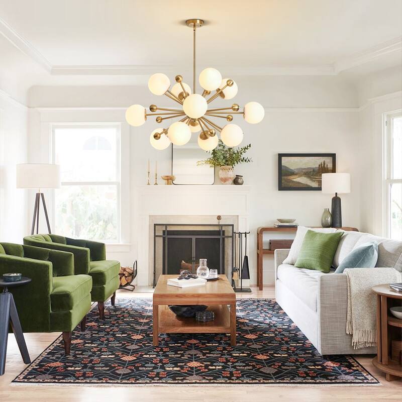 12-Light Modern Sputnik Brass Chandelier with Frosted Glass Globes for Living Room, Dining Room - 12 Light