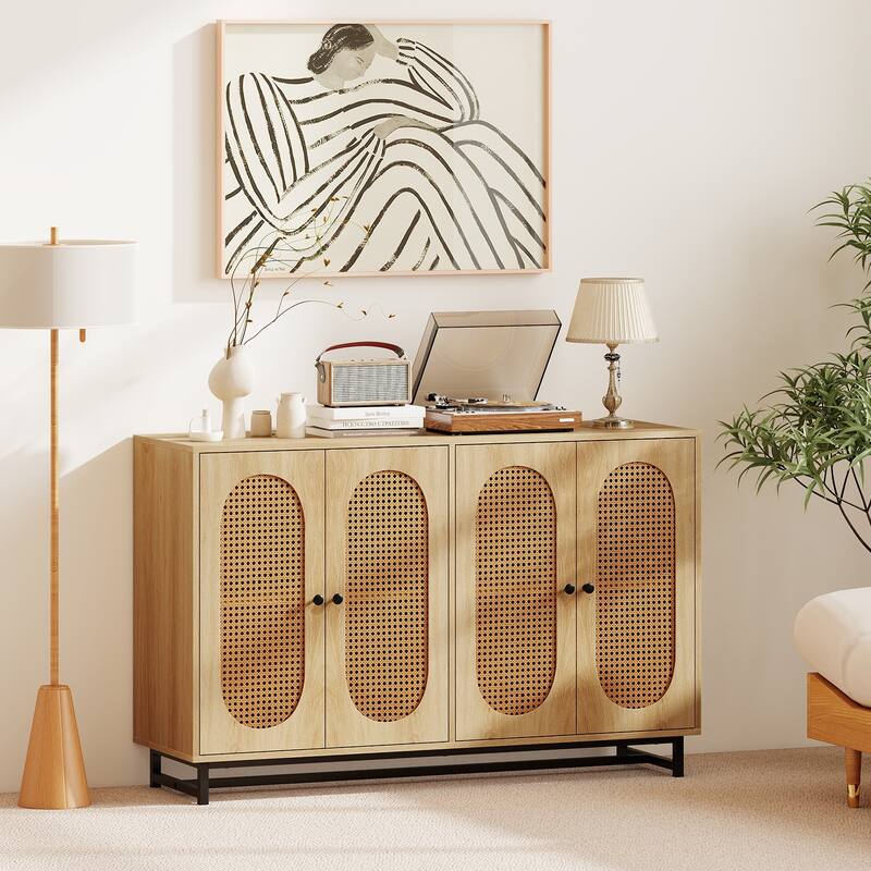 Natural Engineered Wood and Metal Buffet Sideboard with PE Rattan Doors - 50" × 16" × 32"
