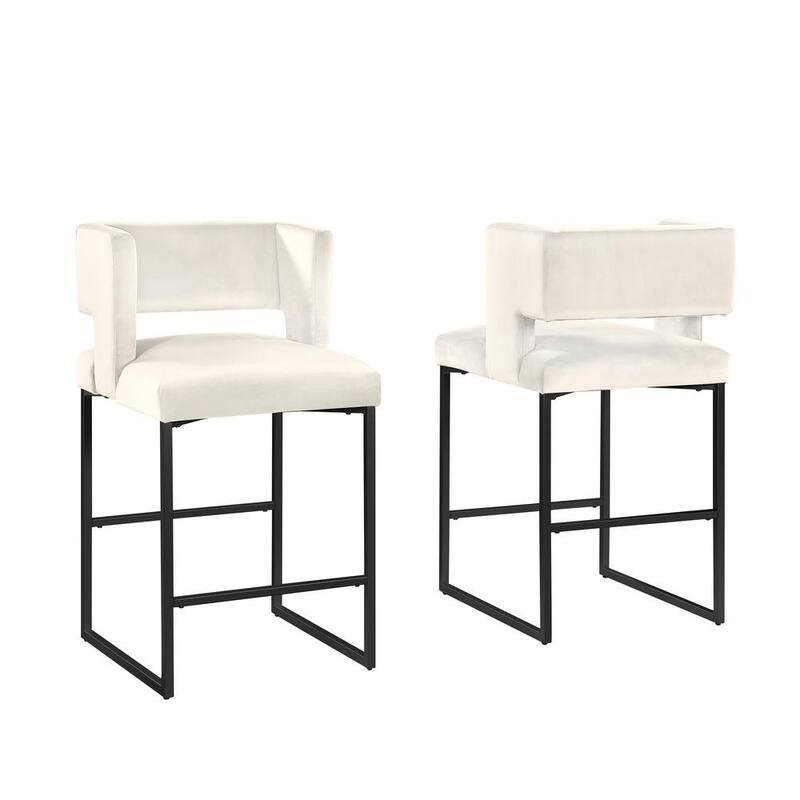 Modern Contemporary 27 Inch Counter Stool Set of 2 with Velvet Upholstery, Black Metal Legs, Kitchen Side Stool