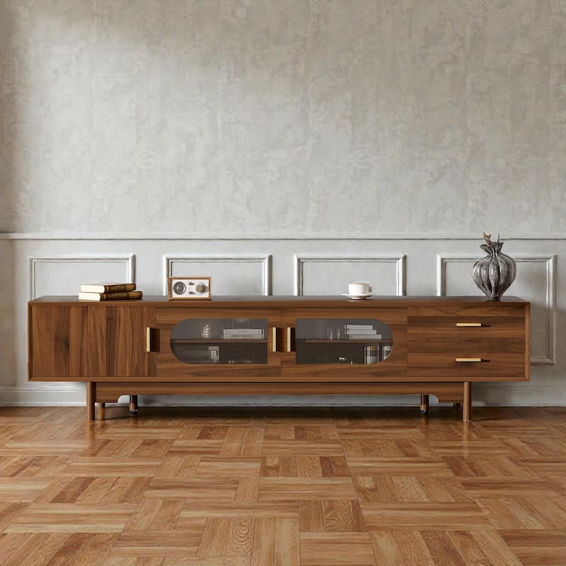 78" Modern TV Stand for TVs Up to 85", Fluted Glass Door Entertainment Center with Solid Wood Legs & Drawers