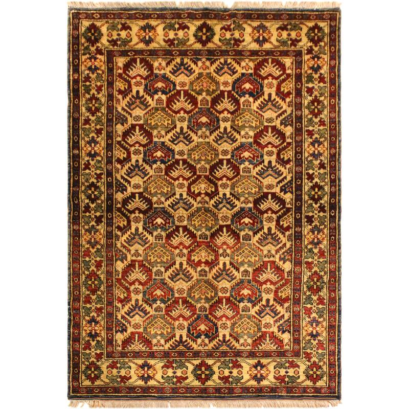 Caucasian Super Kazak Kairo Gold/Blue Hand Knotted Wool Rug - 4'3'' x 5'6''