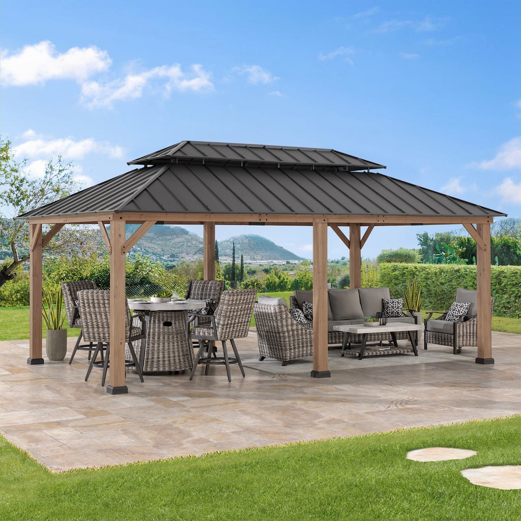 Sunjoy 12x20 ft. Wood Gazebo, Outdoor Patio Steel Hardtop Gazebo, Cedar Framed Wooden Gazebo with 2-tier Metal Roof
