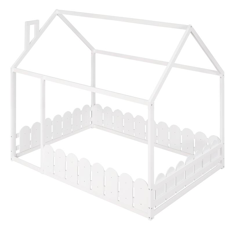 Full House Bed Frame for Kids, Sturdy Pine Wood with Playhouse Design and Fence