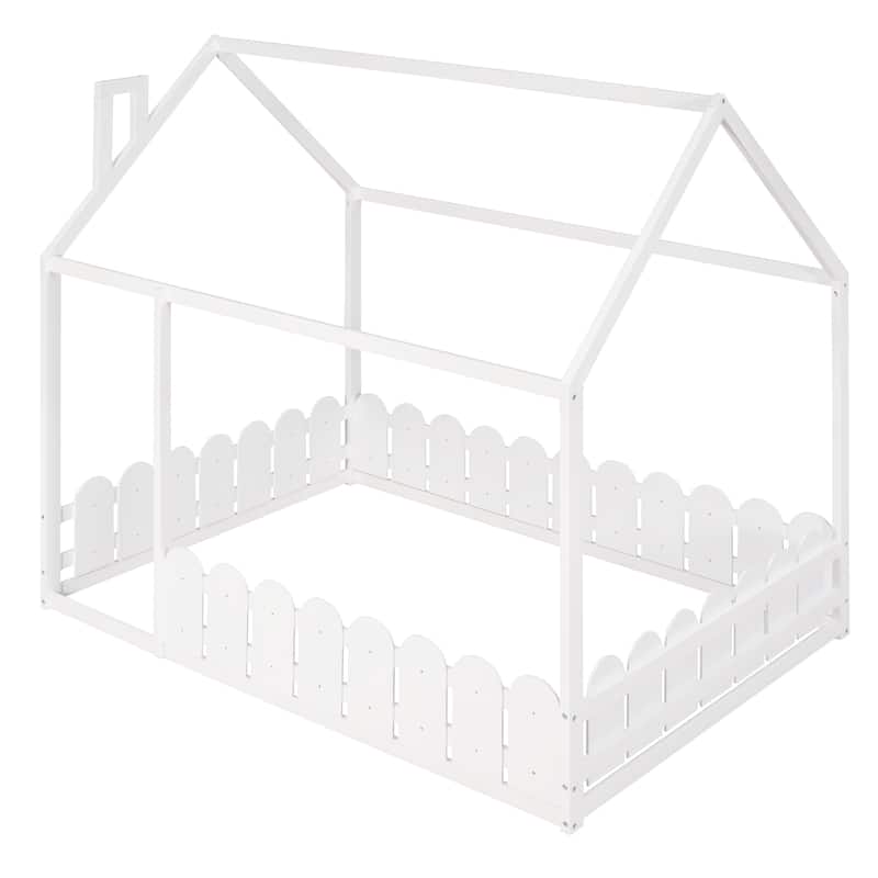 Kids Full Size Floor Bed Frame Semi-Enclosed Playhouse Bed with Roof and Fence, Wooden Platform Bed with Play Area