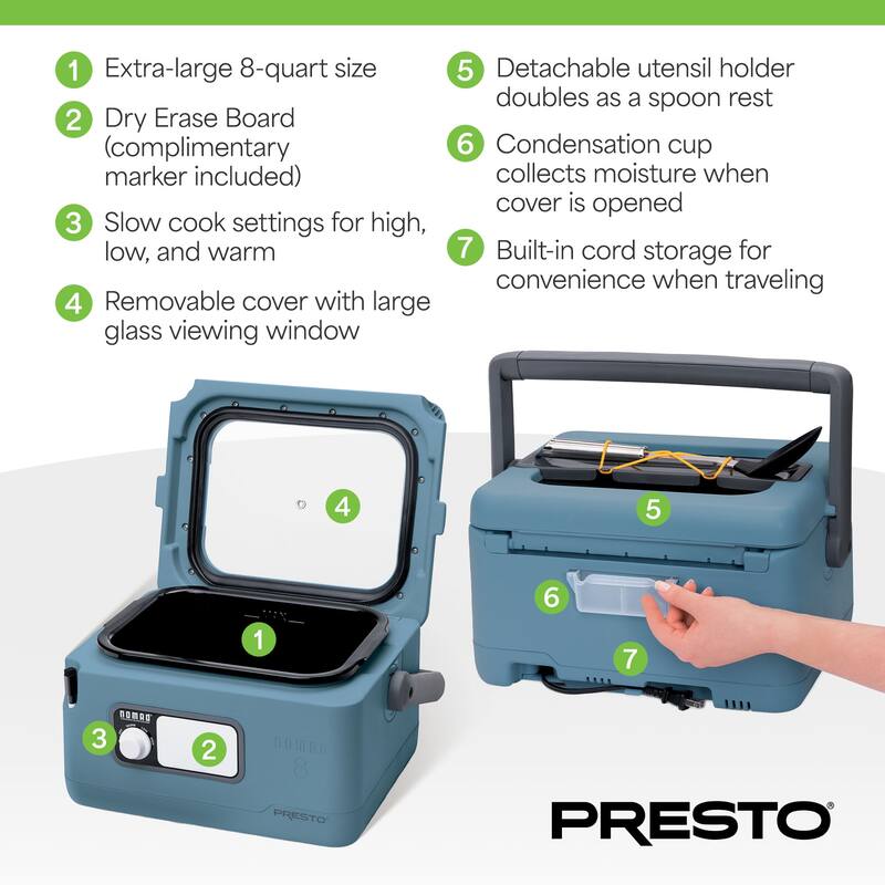 Presto 06019 8 Qt Nomad Portable Electric Slow Cooker, Locking Lid, Green/Gold