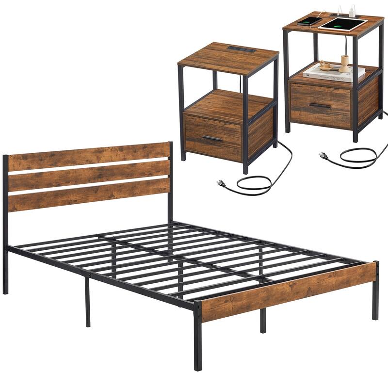 Javlergo 3-pieces Bedroom Set Queen Size Bed and 2 Nightstands with Charging Station USB Port - Brown Set - Full
