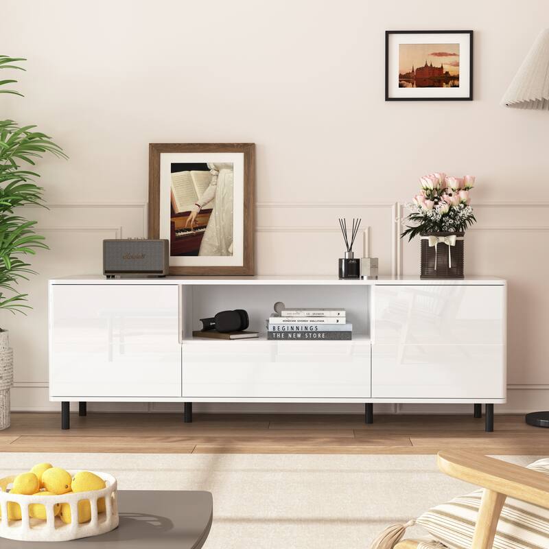 High Gloss Panel Modern TV Console,TV Stand,Entertainment Center with Storage Shelves,TV Cabinet for Living Room, Bedroom - White