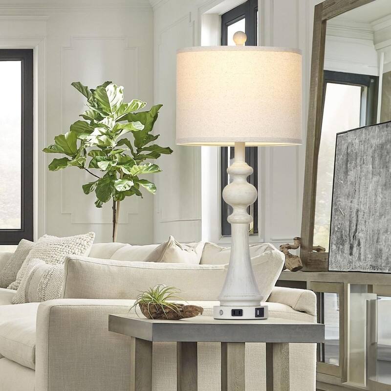 28" Farmhouse Table Lamp with USB A and C Fast Ports AC Outlets - 13"D x 13"W x 28"H