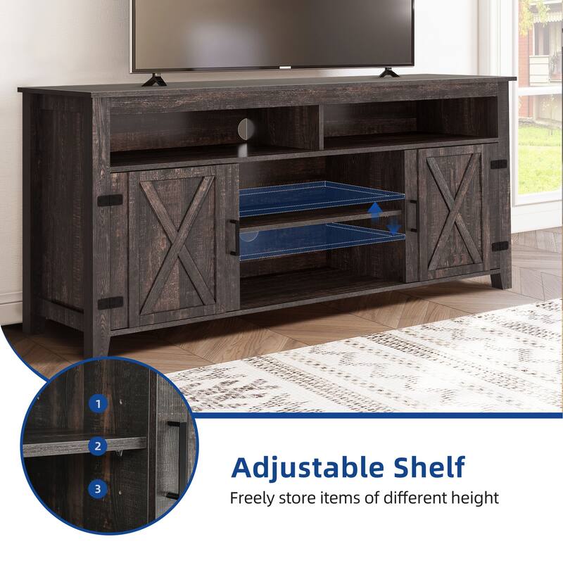 Farmhouse TV Stand for up to 65" TV with Doors and Open Shelves Media Console Power Outlet