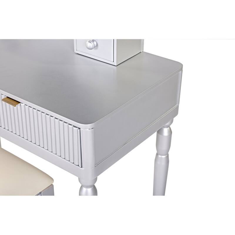 Luxury Vanity Desk with Round Mirror,Height-Adjustable, Stylish Dressing Table Set, 4 Drawers & Stool