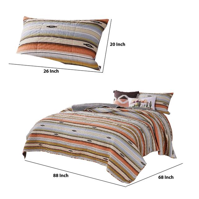 Reversible 2 Piece Twin Size Quilt Set with Stripes Pattern, Multicolor