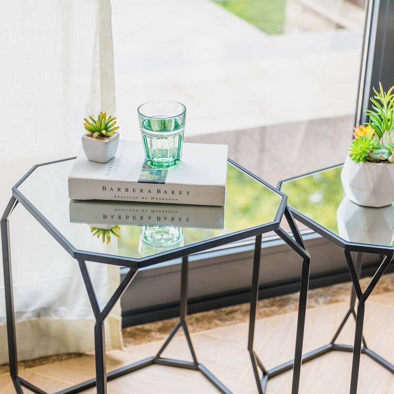 Glitzhome Modern Metal Glass Accent Table Nesting Side Table(Set of 2)