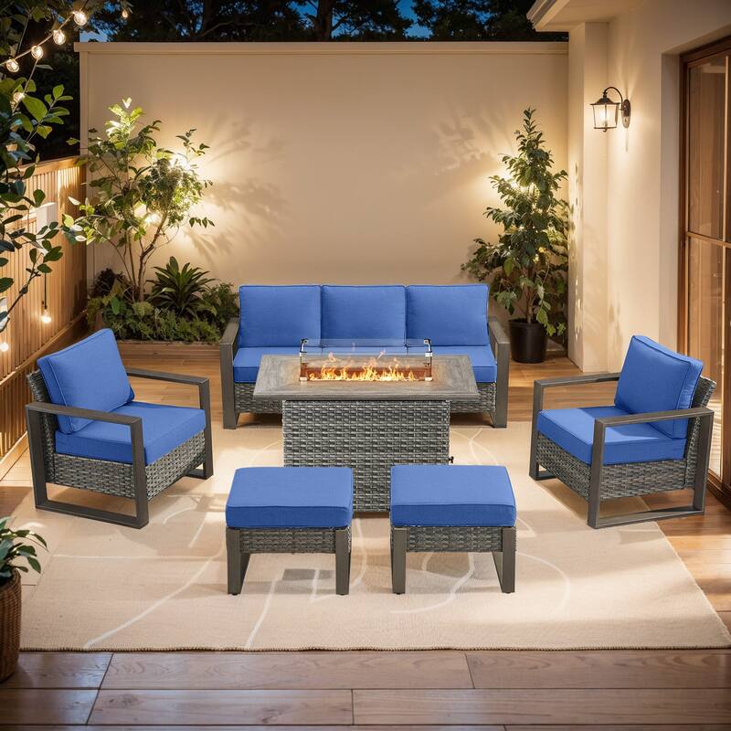 Pocassy Fire Pit Table with Outdoor Sofa Chair Ottoman Set - Grey Wicker Blue Cushion - 6-Piece Sofa Patio Chair Ottoman with Fire Table