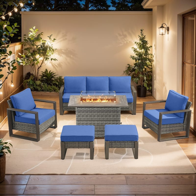 Pocassy Outdoor Wicker Sofa Patio Chair with Fire Table Set - Grey Wicker Blue Cushion - 6-Piece Sofa Patio Chair Ottoman with Fire Table