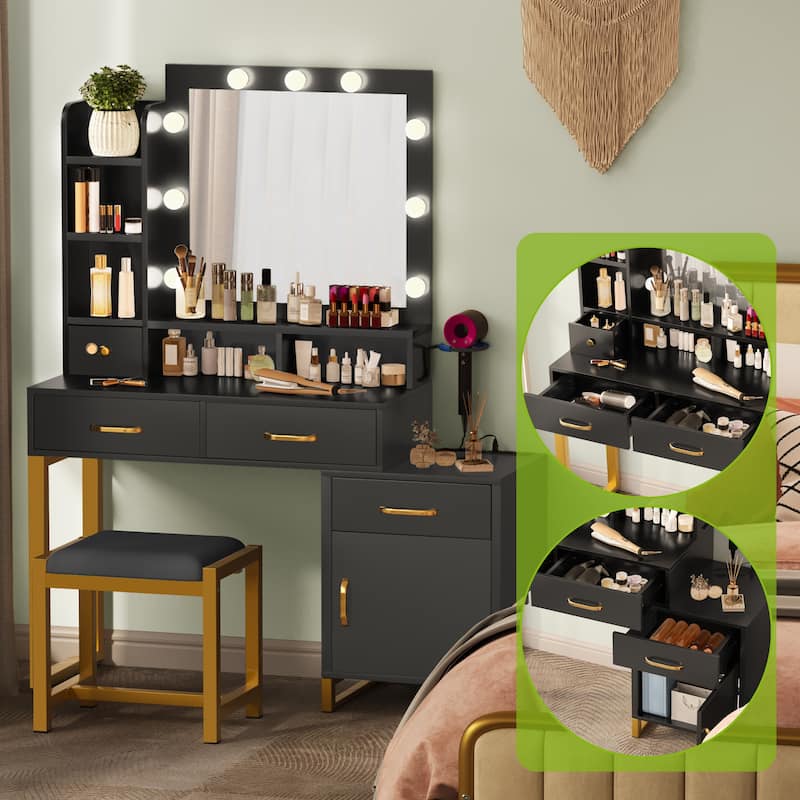 Moasis Makeup Vanity with 9 LED Bulbs and Charging Station - 15.3"D x 42.1"W x 53.9"H