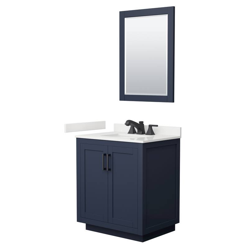 Miranda 30-inch Single Vanity, Quartz Top, 24-inch Mirror - Dark Blue, Black Trim, White Quartz Top