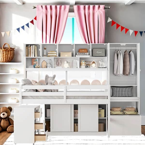 slide 2 of 12, Full Size Wooden Loft Bed With Large Storage Space And Under Bed Desk With Drawers And Shelves White