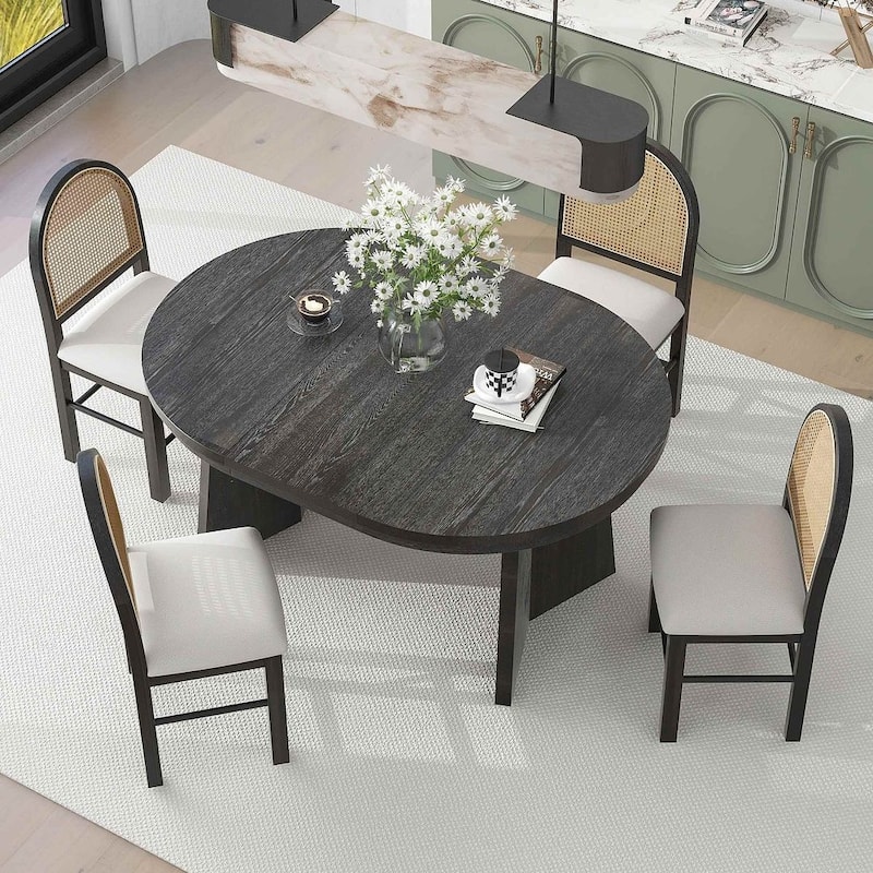 5 PCS Retro Functional Extendable Dining Set for 4 with 4 Upholstered Chairs with Rattan Backrests - Espresso