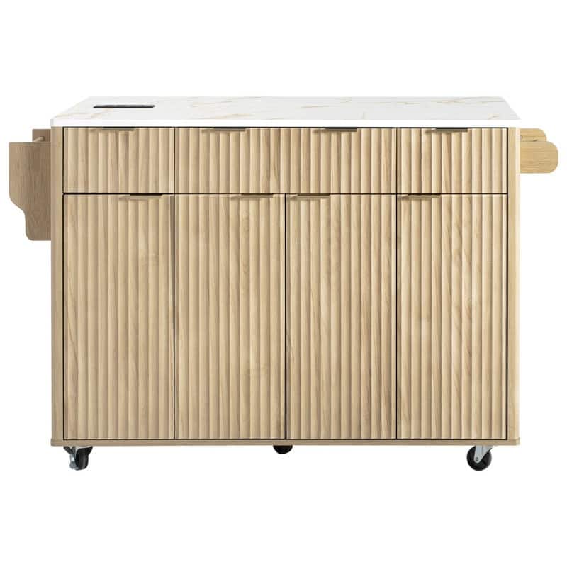 Fluted 55.5" Kitchen Island with Drop Leaf, Rolling Island Table with Drawers, Power Outlet for Functional Kitchen Organization