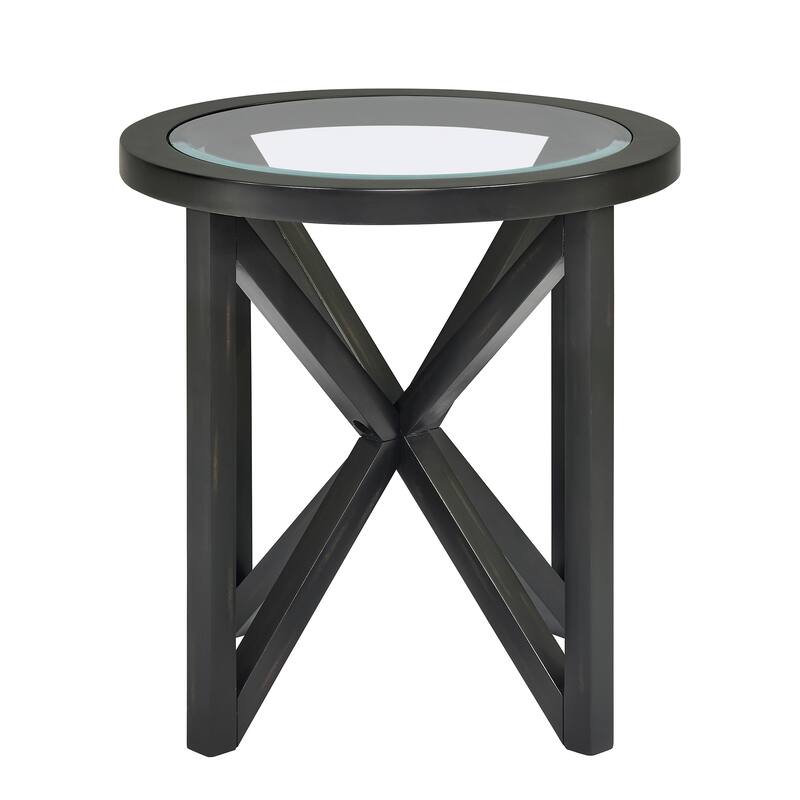 Anmytek Round Glass End Table Modern Black X Frame Accent Side Table for Living Room Bedroom