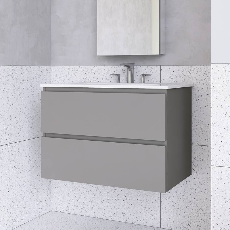 Floating Integrated Bathroom Vanity with Ceramic Sink, Three Faucet Holes