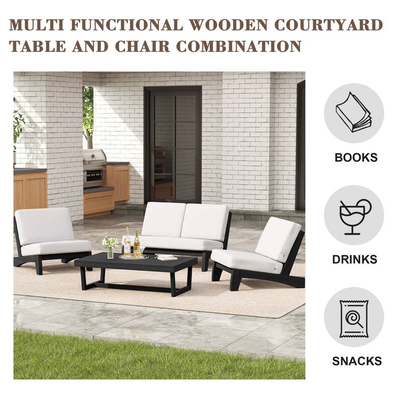 4 Set Outdoor Patio Teak Wood Club Chairs Loveseat with Cushion