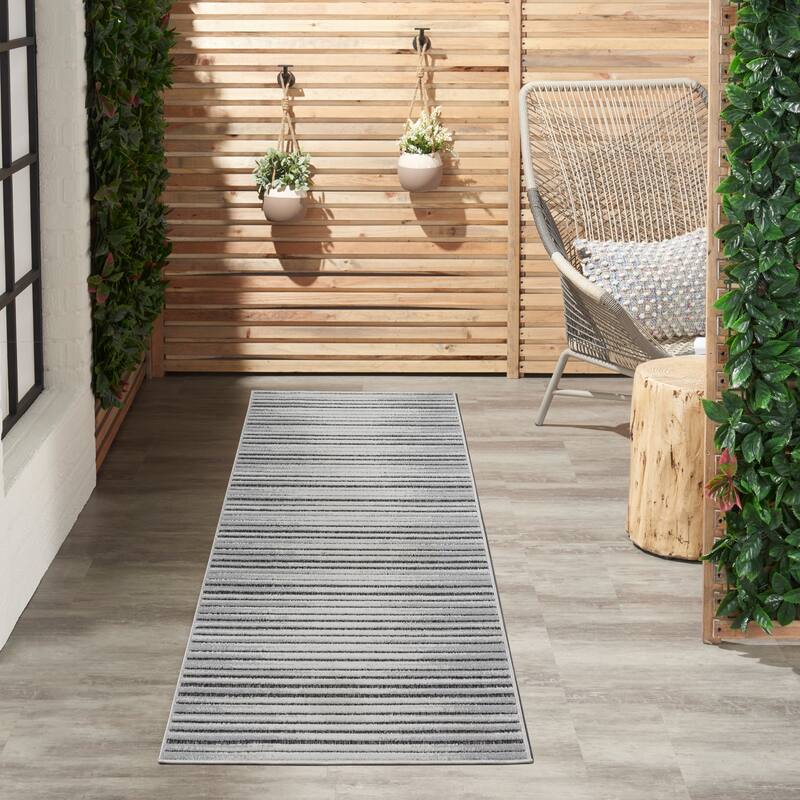 Nourison Calobra Traditional Geometric Stripe Indoor Outdoor Striped Area Rug - 2'2" x 7'6" Runner - Dark Grey