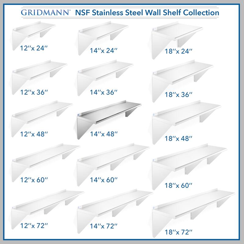 48 x 14in NSF Stainless Steel WallMount Shelf - 14" x 48"