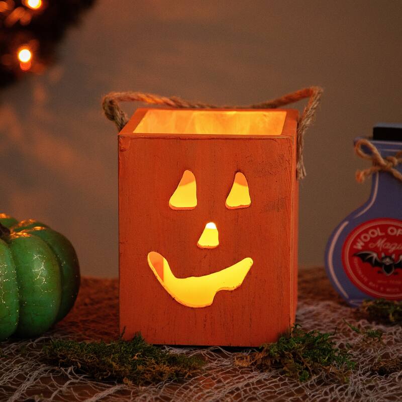 Small Orange Wood Jack O Lantern Halloween Candle Lantern - 6.25"