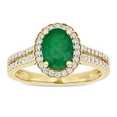 Miadora 14k Yellow Gold Oval-cut Emerald and 1/3ct TDW Diamond Halo Split Shank Engagement Ring