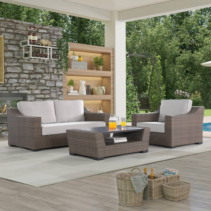 3-Piece Manhattan Rustic Wicker Seating Set with Tempered Glass - Brown/Oatmeal
