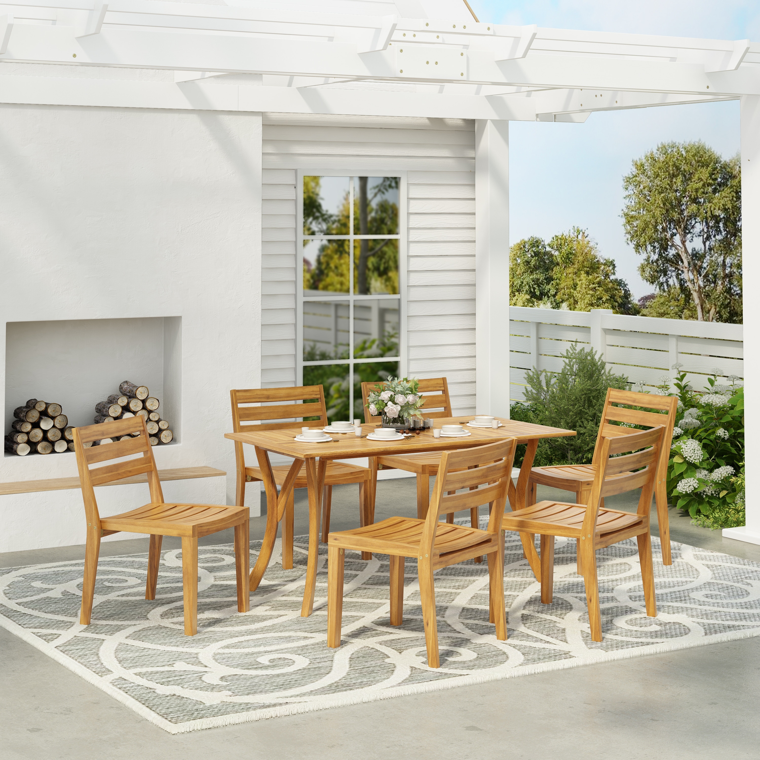 Roomfitters Outdoor 7-Piece Acacia Wood Dining Set with Rectangular Patio Table and 6 Chairs, Teak