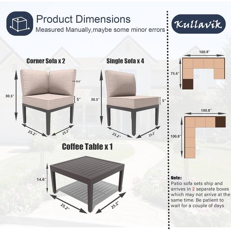 Kullavik 7 Piece Outdoor Furniture Set, Modern Metal Sectional Sofa with Thick Cushions and Coffee Table
